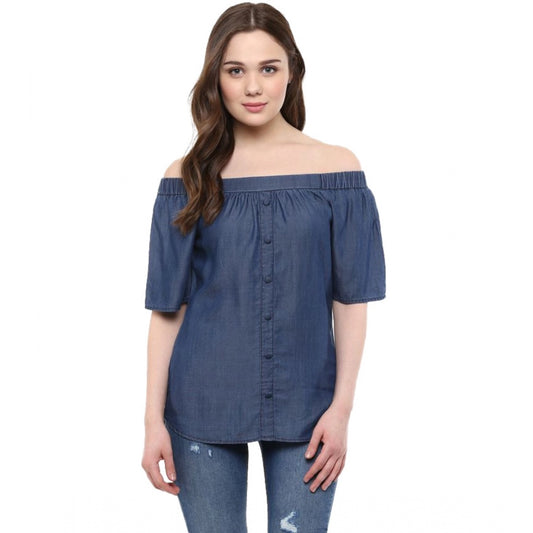 Clothiq Generic Denim Solid Short Sleeve Regular Top (Blue)