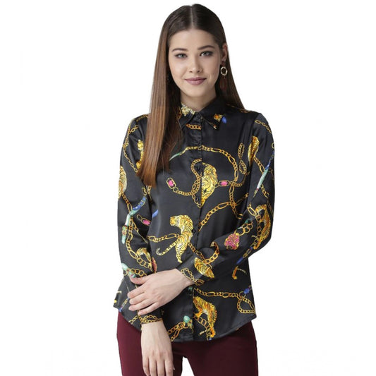 Clothiq Generic Satin Printed Long Sleeves Standard Length Shirt (Black - Gold)