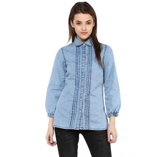 Clothiq Generic Denim Solid 3-4th Sleeves Standard Length Shirt (Blue)