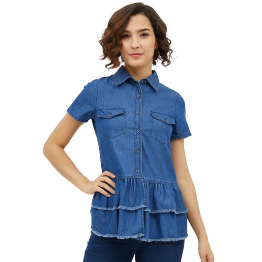 Clothiq Generic Denim Peplum Short Sleeve Top (Blue)