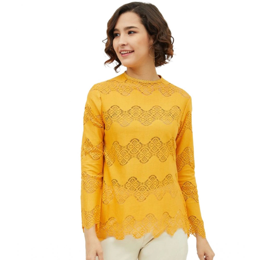 Clothiq Generic Cotton Lace Inserts Long Sleeves Top (Yellow)