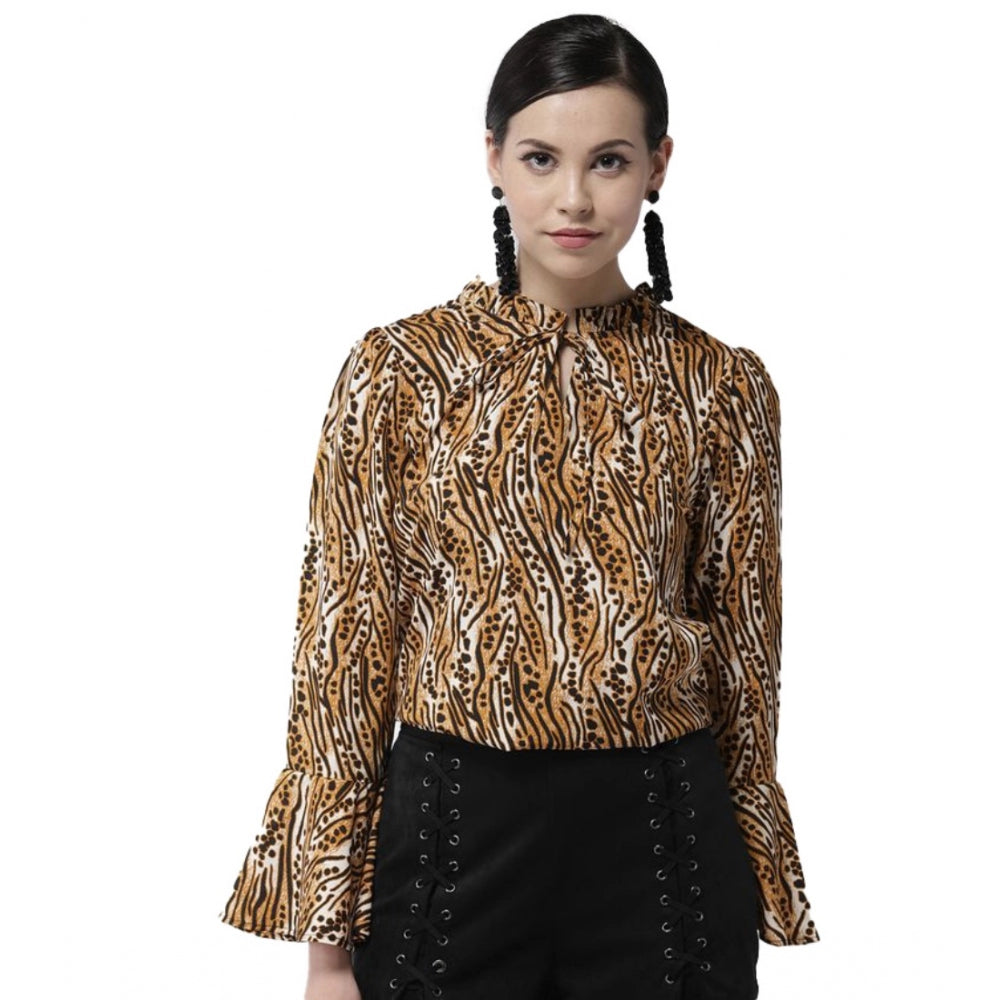 Clothiq Generic Polyester Printed Bell Sleeve Top (Orange - Black)