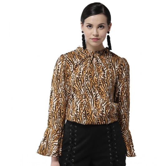 Clothiq Generic Polyester Printed Bell Sleeve Top (Orange - Black)