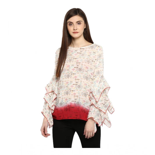 Clothiq Generic Rayon Crepe Printed Ruffle Sleeve Top (Off White - Red)
