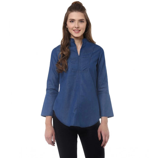 Clothiq Generic Denim Solid Bell Sleeve Regular Top (Blue Denim)