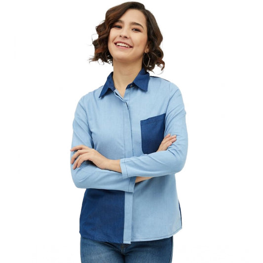 Clothiq Generic Denim Patch Work Long Sleeves Standard Length Shirt (Blue)