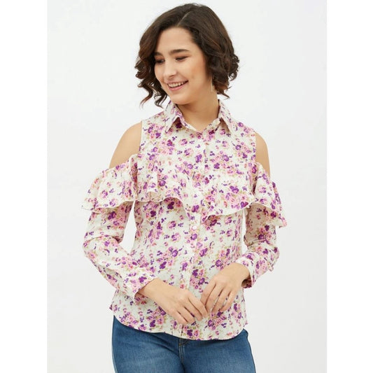 Clothiq Generic Polyester Floral Cold Shoulder Standard Length Shirt (White)