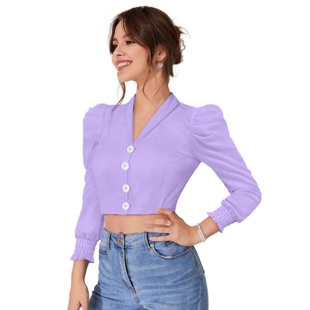 Clothiq Generic Polyester Solid Puff Sleeves Lapel Collar Top (Purple)