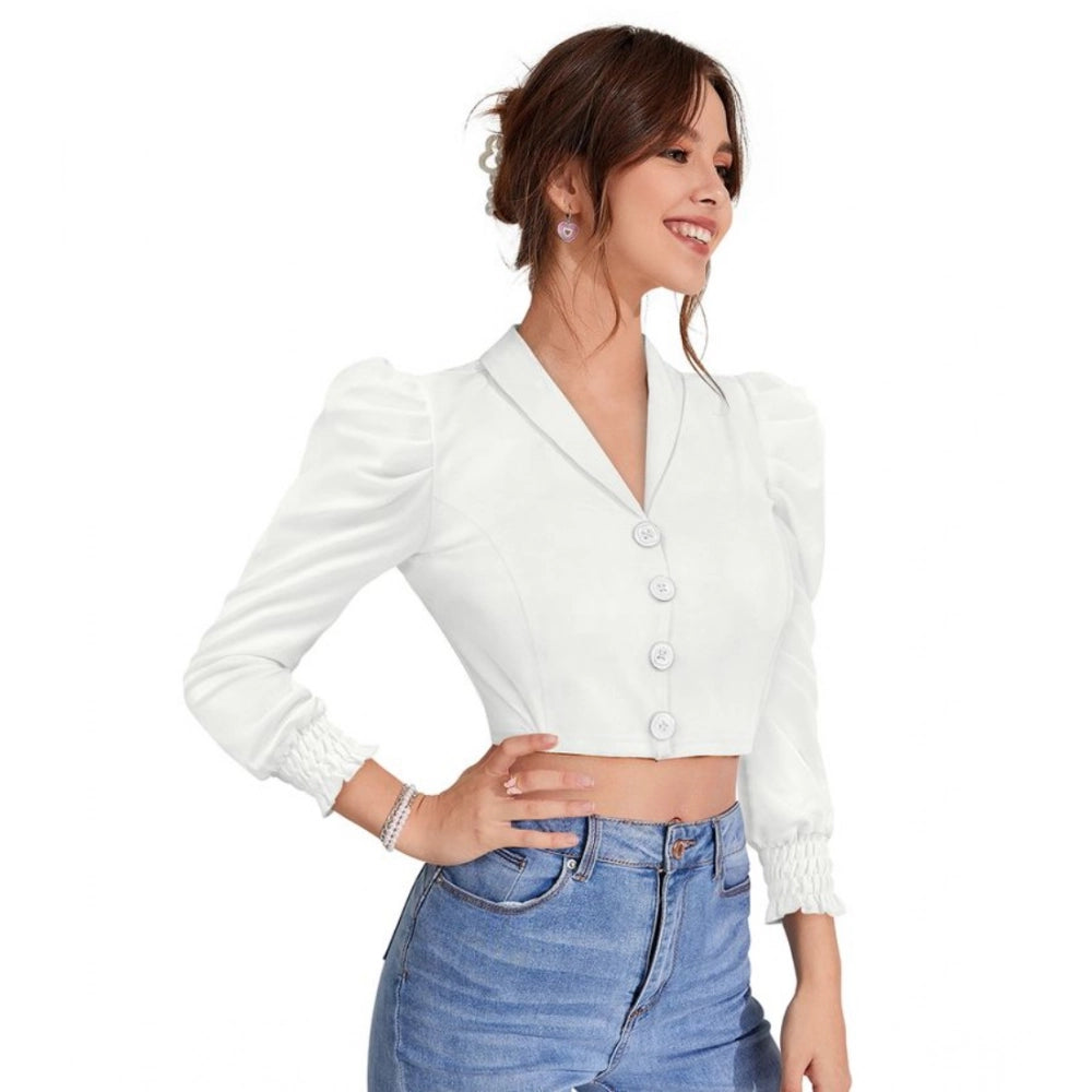 Clothiq Generic Polyester Solid Puff Sleeves Lapel Collar Top (White)