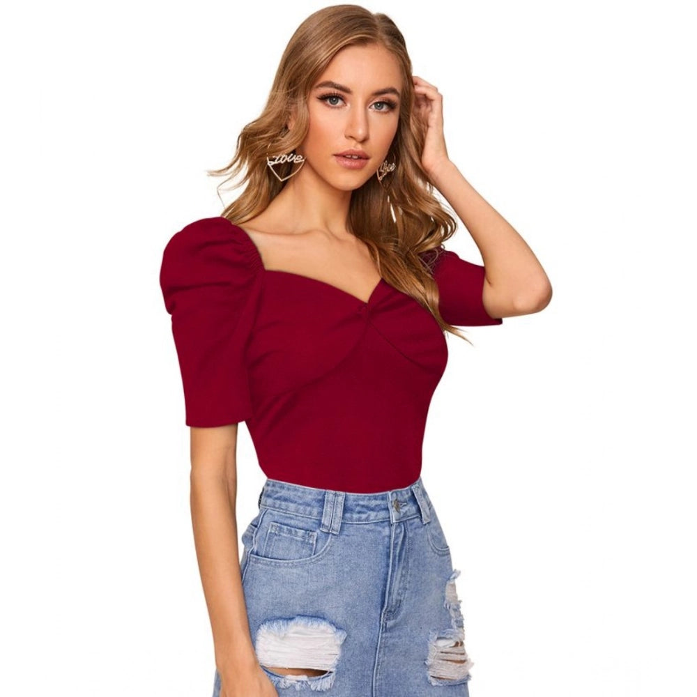 Clothiq Generic Polyester Solid Puff Short Sleeves Sweetheart Neck Top (Maroon)