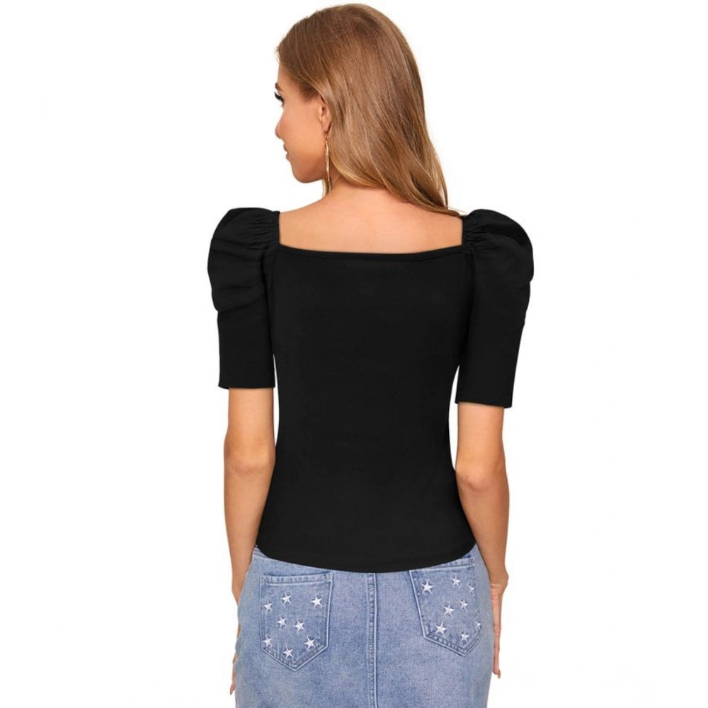 Clothiq Generic Polyester Solid Puff Short Sleeves Sweetheart Neck Top (Black)