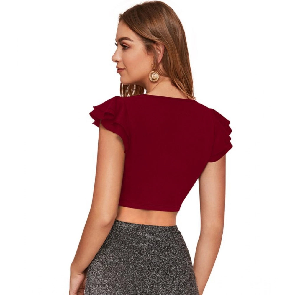 Clothiq Generic Polyester Solid Short Sleeves V Neck Top (Maroon)