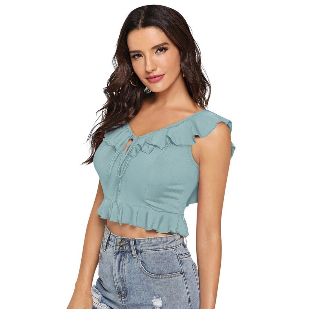 Clothiq Generic Polyester Solid Sleeveless Ruffle Neck Top (Pista)