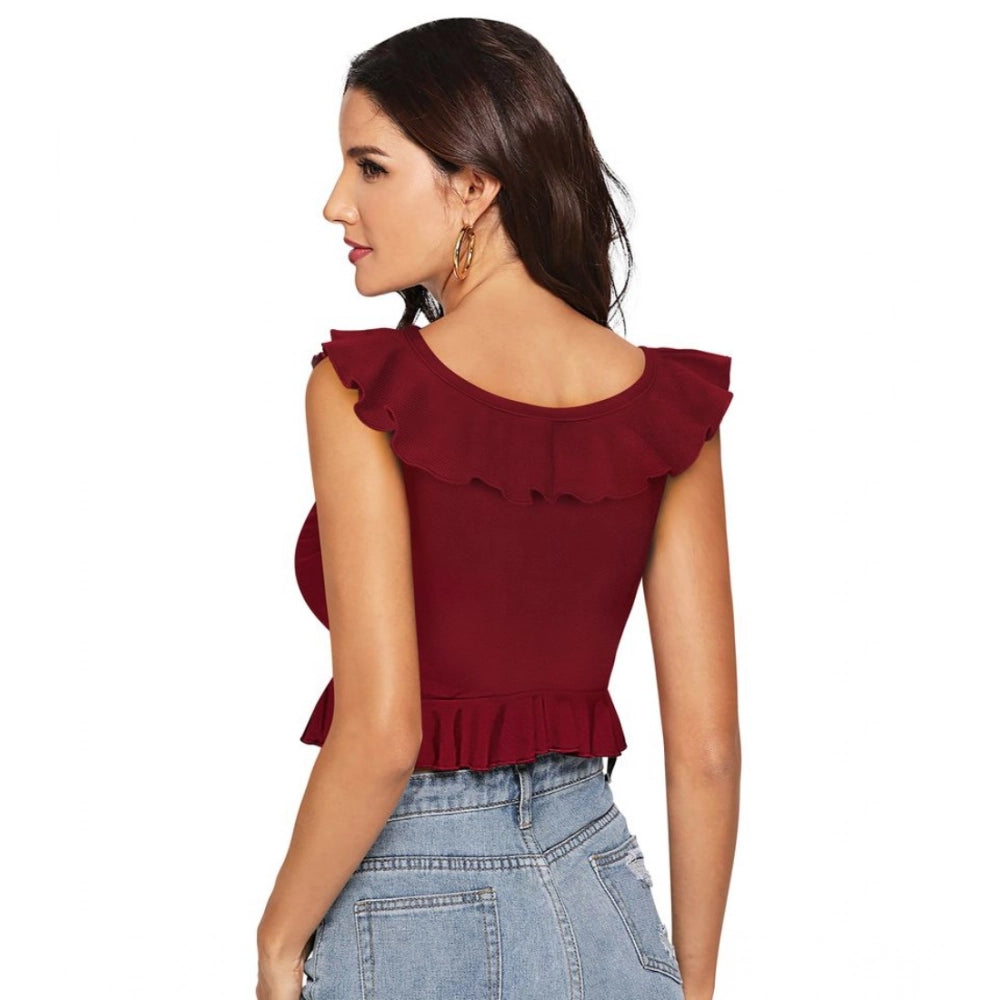 Clothiq Generic Polyester Solid Sleeveless Ruffle Neck Top (Maroon)