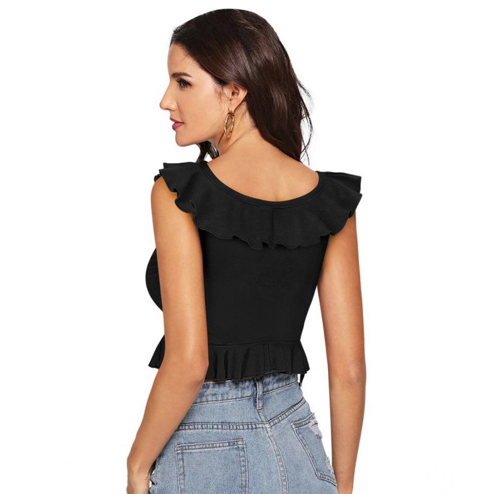 Clothiq Generic Polyester Solid Sleeveless Ruffle Neck Top (Black)