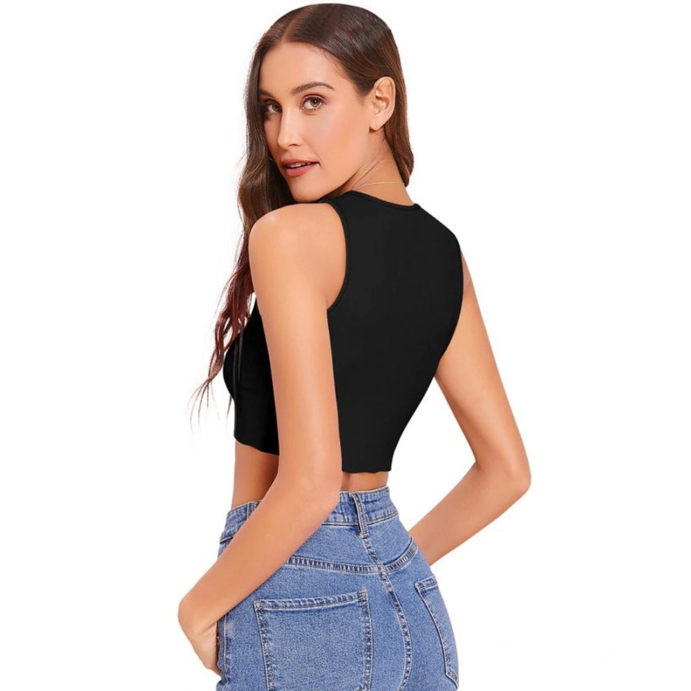 Clothiq Generic Polyester Solid Sleeveless Round Neck Top (Black)