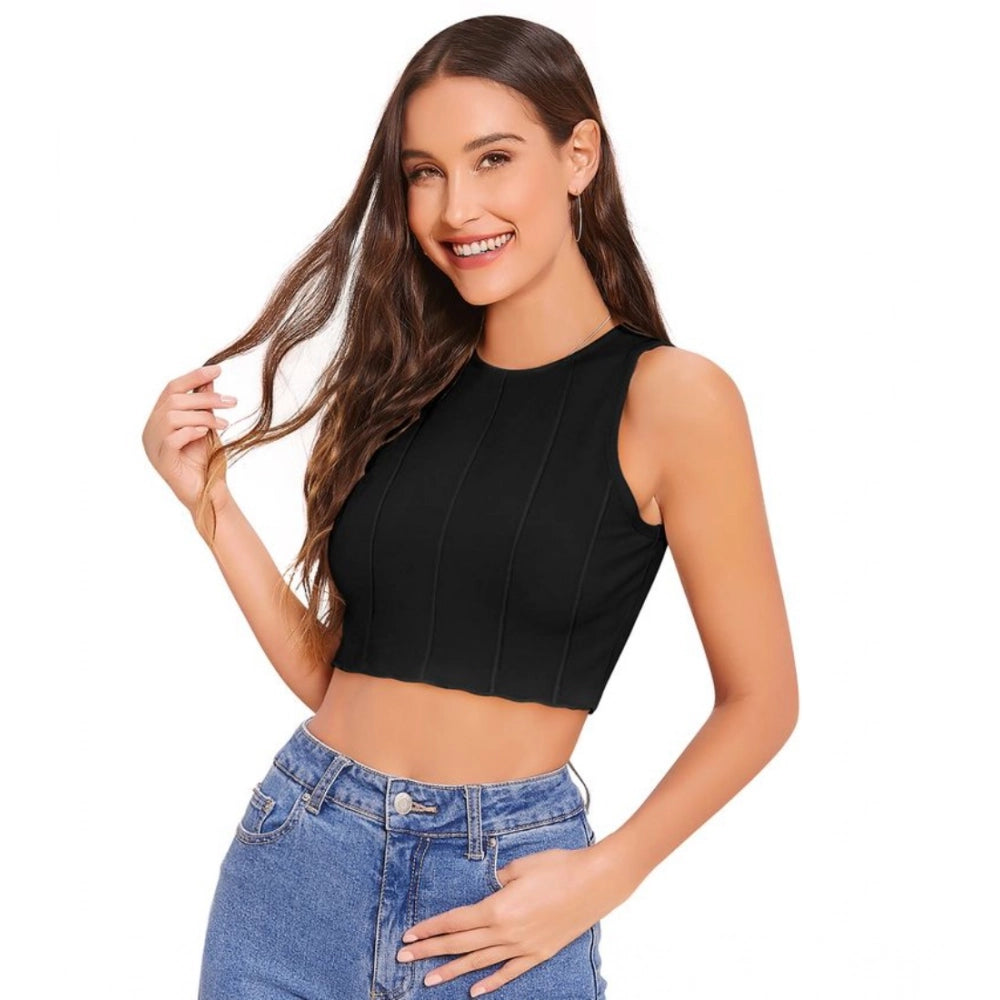 Clothiq Generic Polyester Solid Sleeveless Round Neck Top (Black)