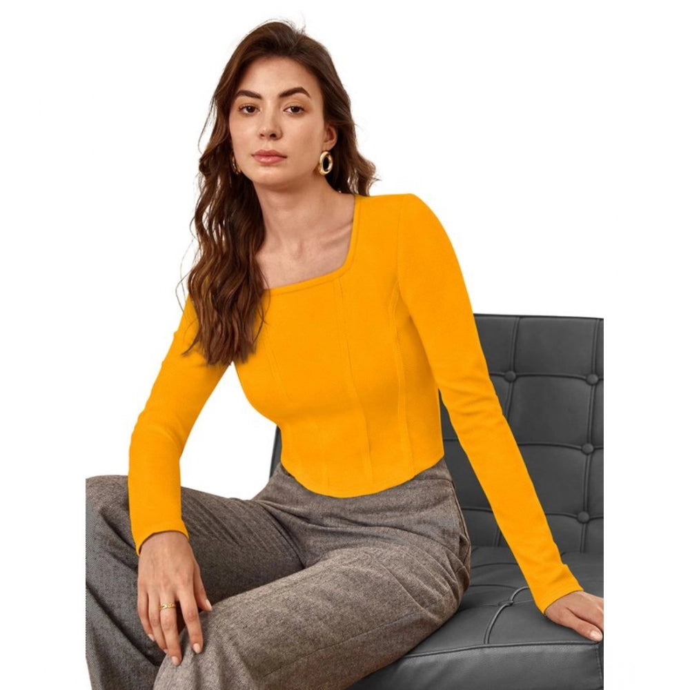 Clothiq Generic Polyester Solid Full Sleeves Square Neck Top (Yellow)