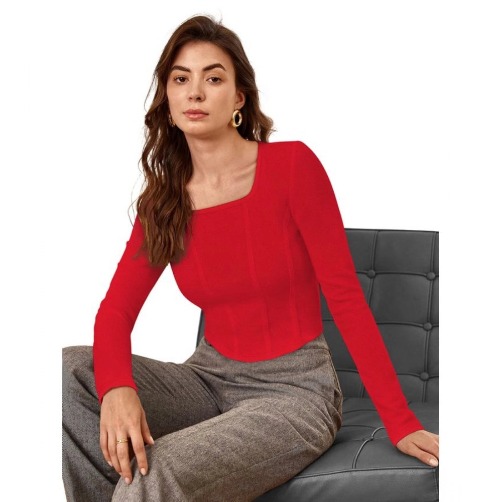 Clothiq Generic Polyester Solid Full Sleeves Square Neck Top (Red)