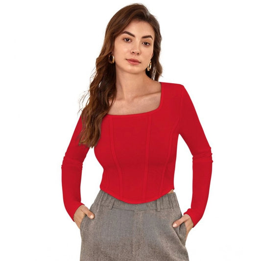 Clothiq Generic Polyester Solid Full Sleeves Square Neck Top (Red)