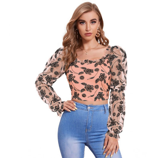 Clothiq Generic Polyester Solid Full Sleeves Square Collar Top (Peach)