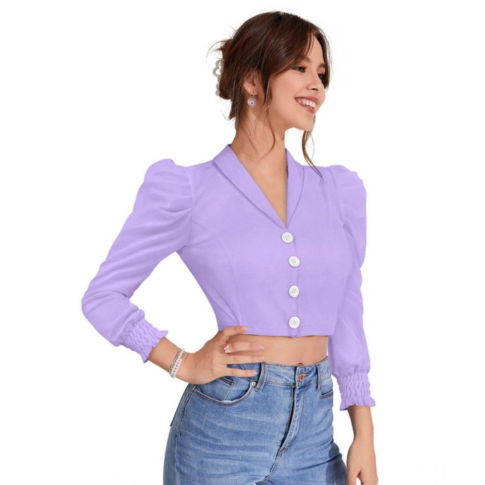 Clothiq Generic Polyester Solid Puff Sleeves Lapel Collar Top (Purple)