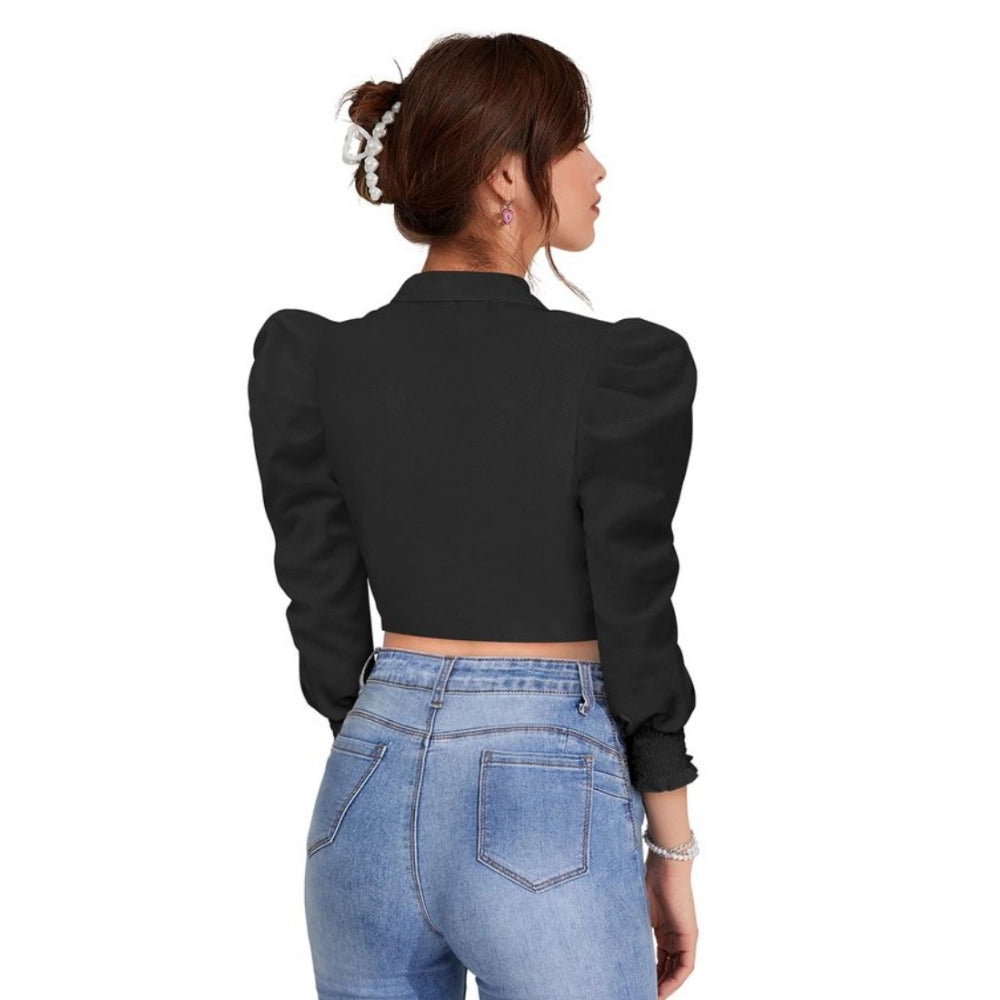 Clothiq Generic Polyester Solid Puff Sleeves Lapel Collar Top (Black)