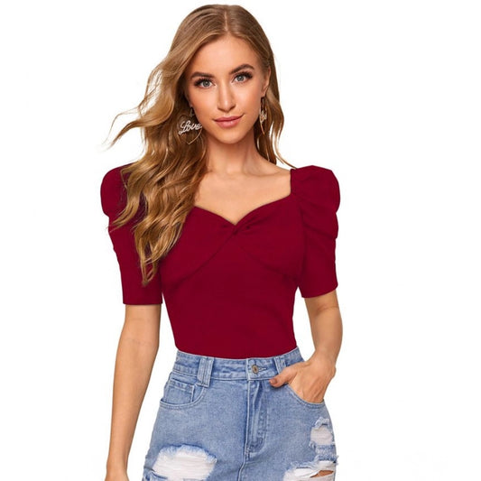 Clothiq Generic Polyester Solid Puff Short Sleeves Sweetheart Neck Top (Maroon)