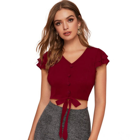 Clothiq Generic Polyester Solid Short Sleeves V Neck Top (Maroon)