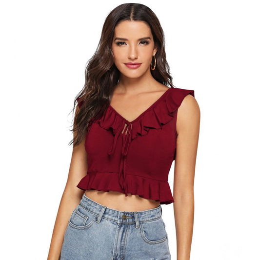 Clothiq Generic Polyester Solid Sleeveless Ruffle Neck Top (Maroon)