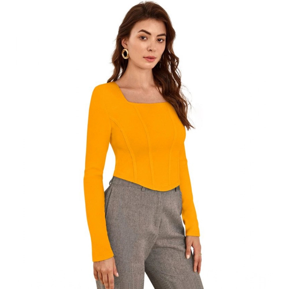 Clothiq Generic Polyester Solid Full Sleeves Square Neck Top (Yellow)