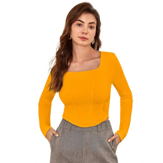 Clothiq Generic Polyester Solid Full Sleeves Square Neck Top (Yellow)