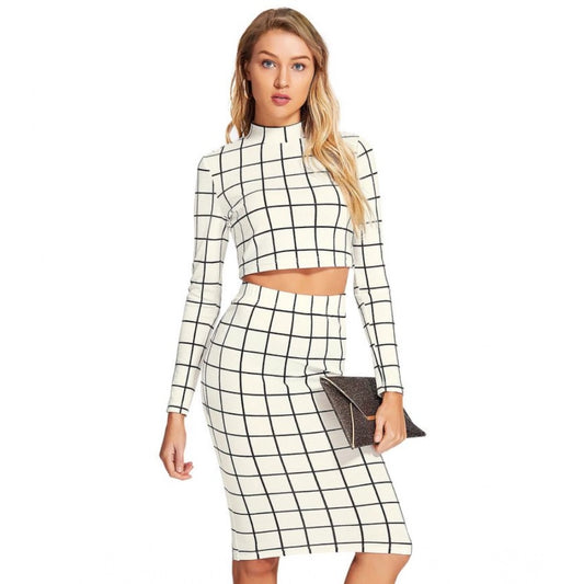Clothiq Generic Polyester Checkered Full Sleeves Stand Collar Crop Top Skirt Set (White)