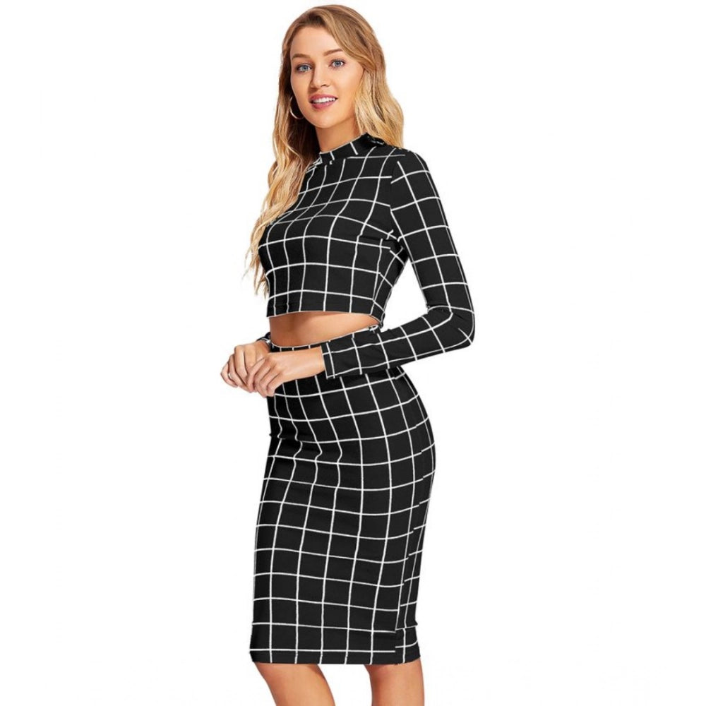 Clothiq Generic Polyester Checkered Full Sleeves Stand Collar Crop Top Skirt Set (Black)