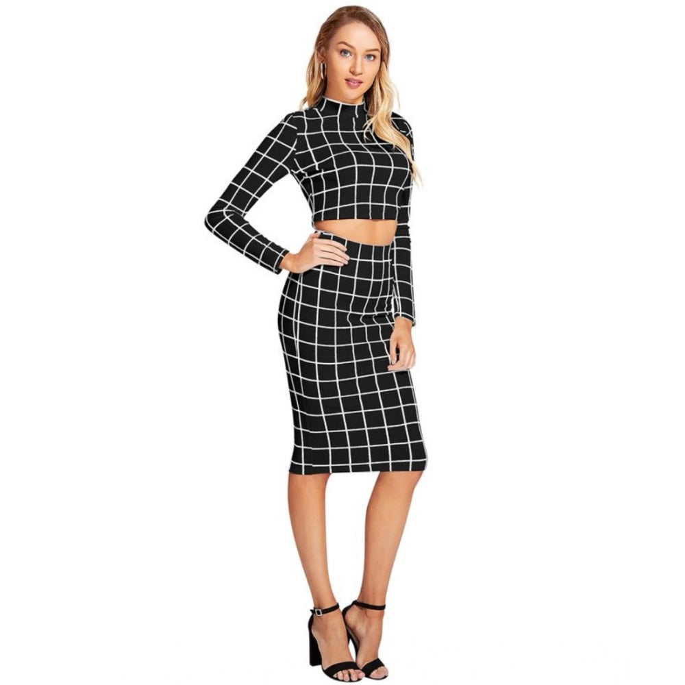 Clothiq Generic Polyester Checkered Full Sleeves Stand Collar Crop Top Skirt Set (Black)