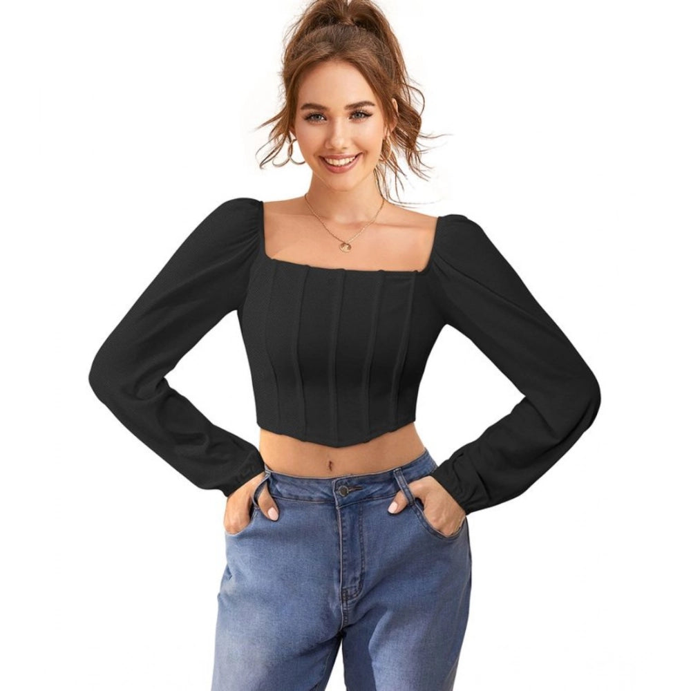 Clothiq Generic Polyester Solid Long Sleeves Square Neck Top (Black)