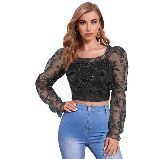 Clothiq Generic Polyester Solid Full Sleeves Square Collar Top (Black)