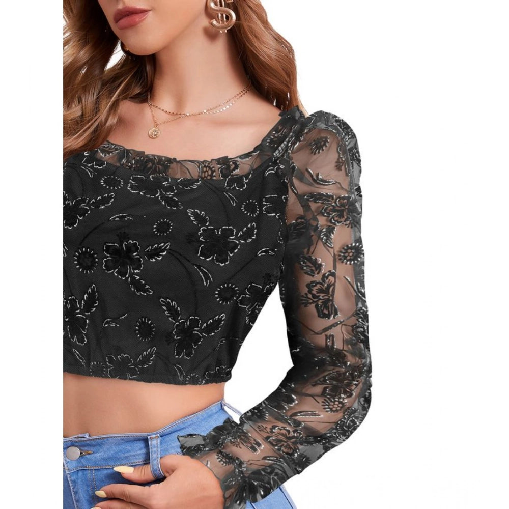 Clothiq Generic Polyester Solid Full Sleeves Square Collar Top (Black)