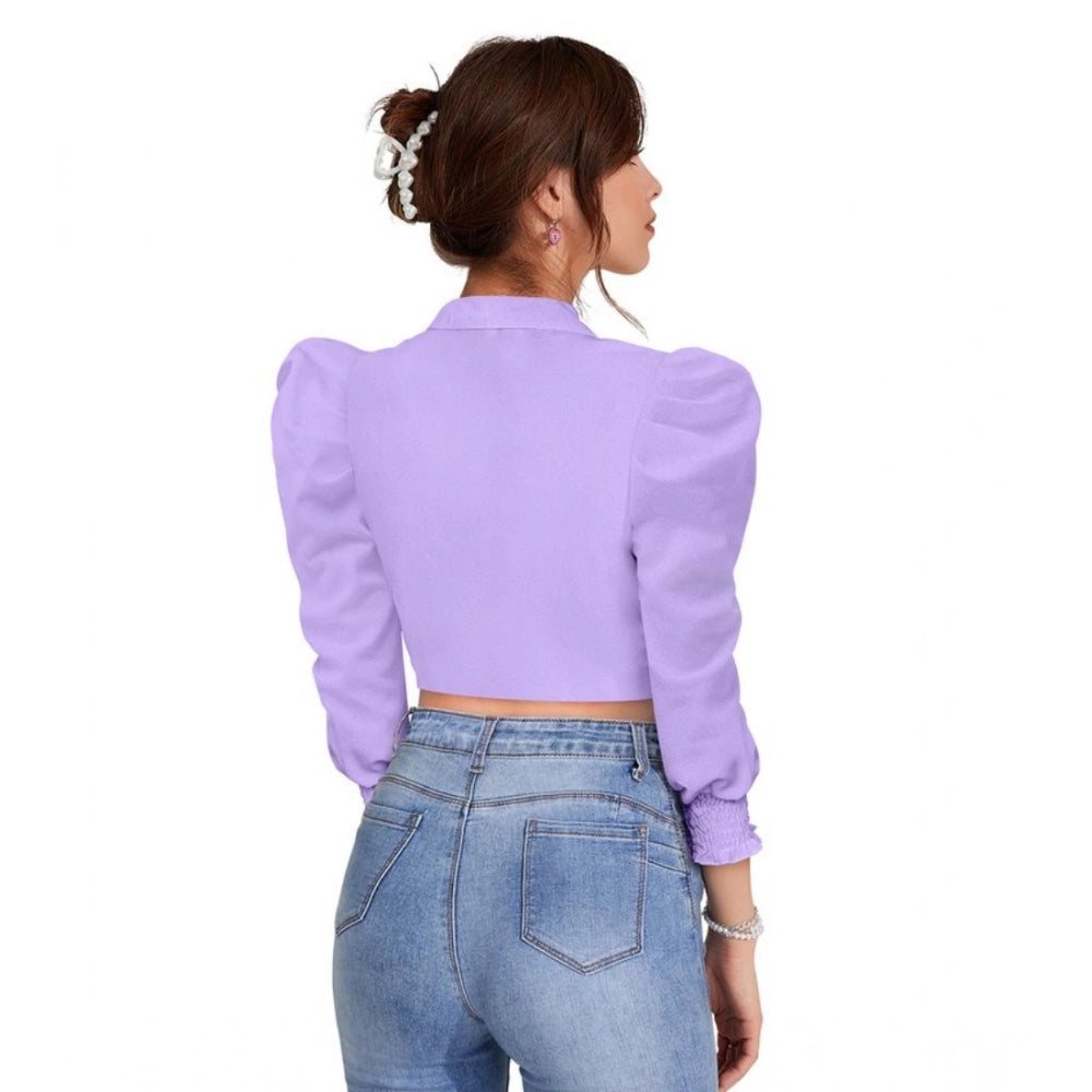 Clothiq Generic Polyester Solid Puff Sleeves Lapel Collar Top (Purple)