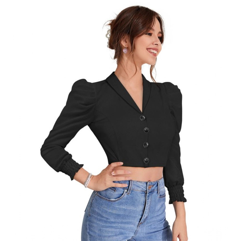 Clothiq Generic Polyester Solid Puff Sleeves Lapel Collar Top (Black)