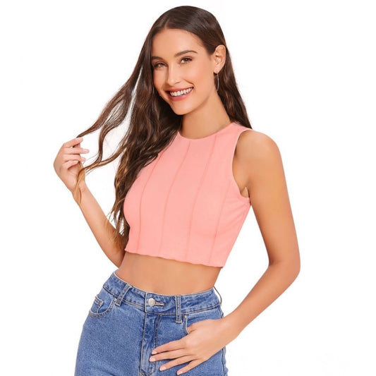 Clothiq Generic Polyester Solid Sleeveless Round Neck Top (Peach)