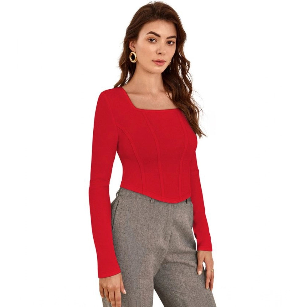 Clothiq Generic Polyester Solid Full Sleeves Square Neck Top (Red)