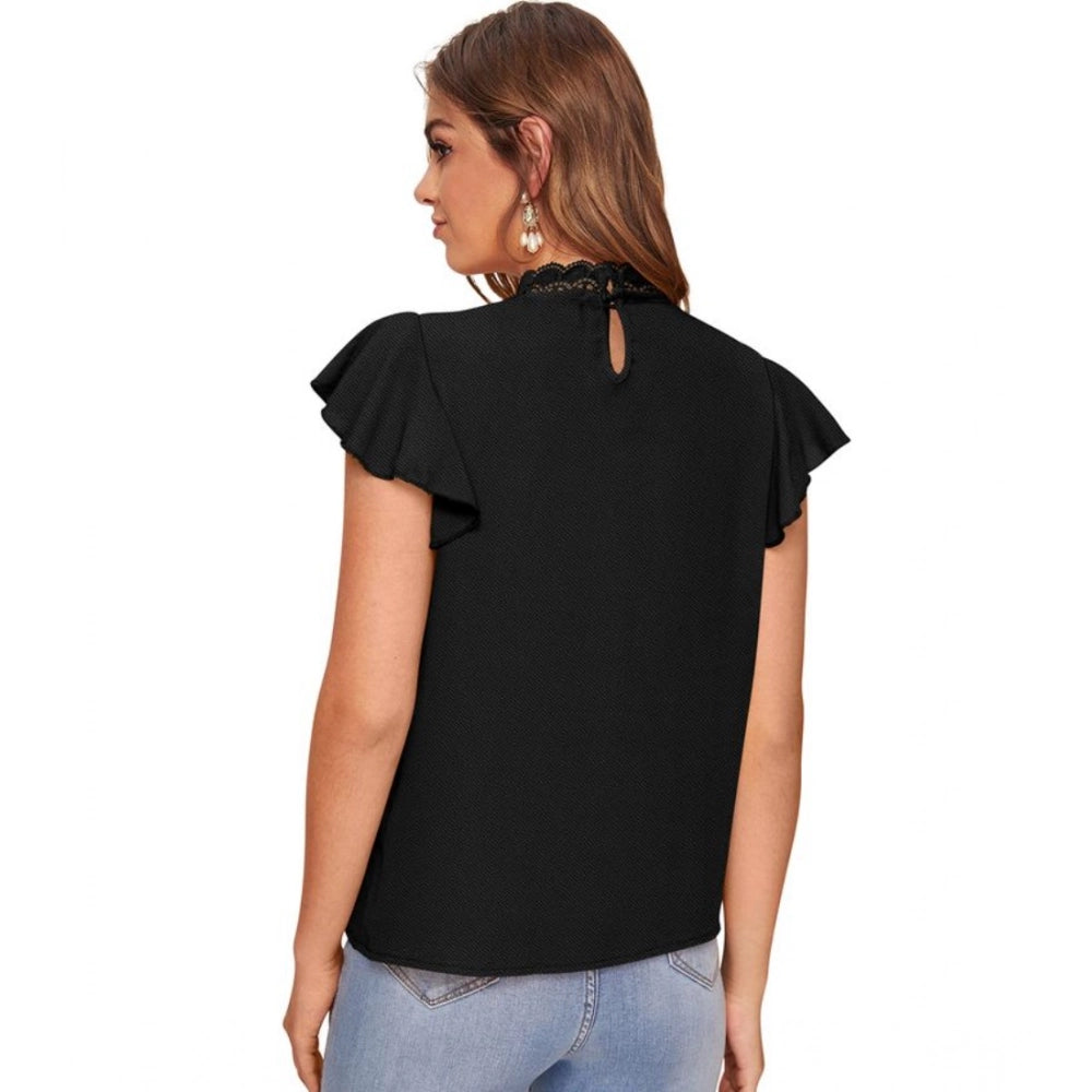 Clothiq Generic Polyester Solid Cap Sleeve Sweetheart Neck Top (Black)