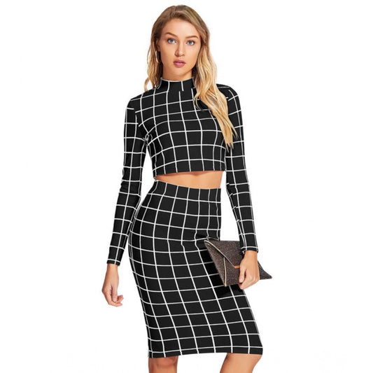 Clothiq Generic Polyester Checkered Full Sleeves Stand Collar Crop Top Skirt Set (Black)