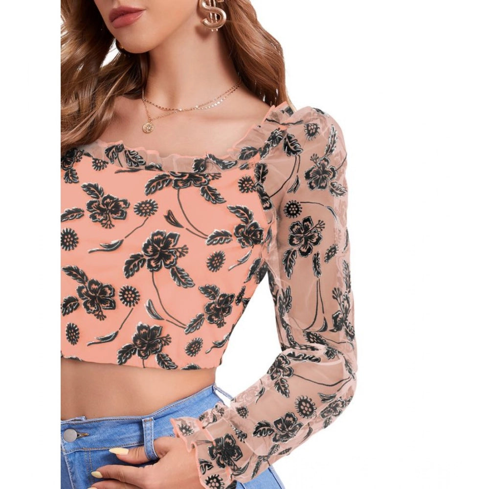 Clothiq Generic Polyester Solid Full Sleeves Square Collar Top (Peach)
