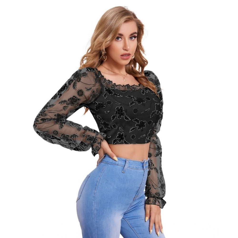 Clothiq Generic Polyester Solid Full Sleeves Square Collar Top (Black)