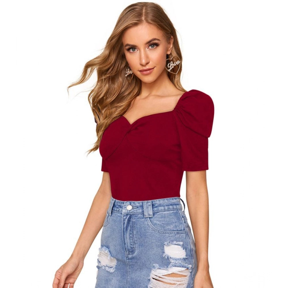 Clothiq Generic Polyester Solid Puff Short Sleeves Sweetheart Neck Top (Maroon)