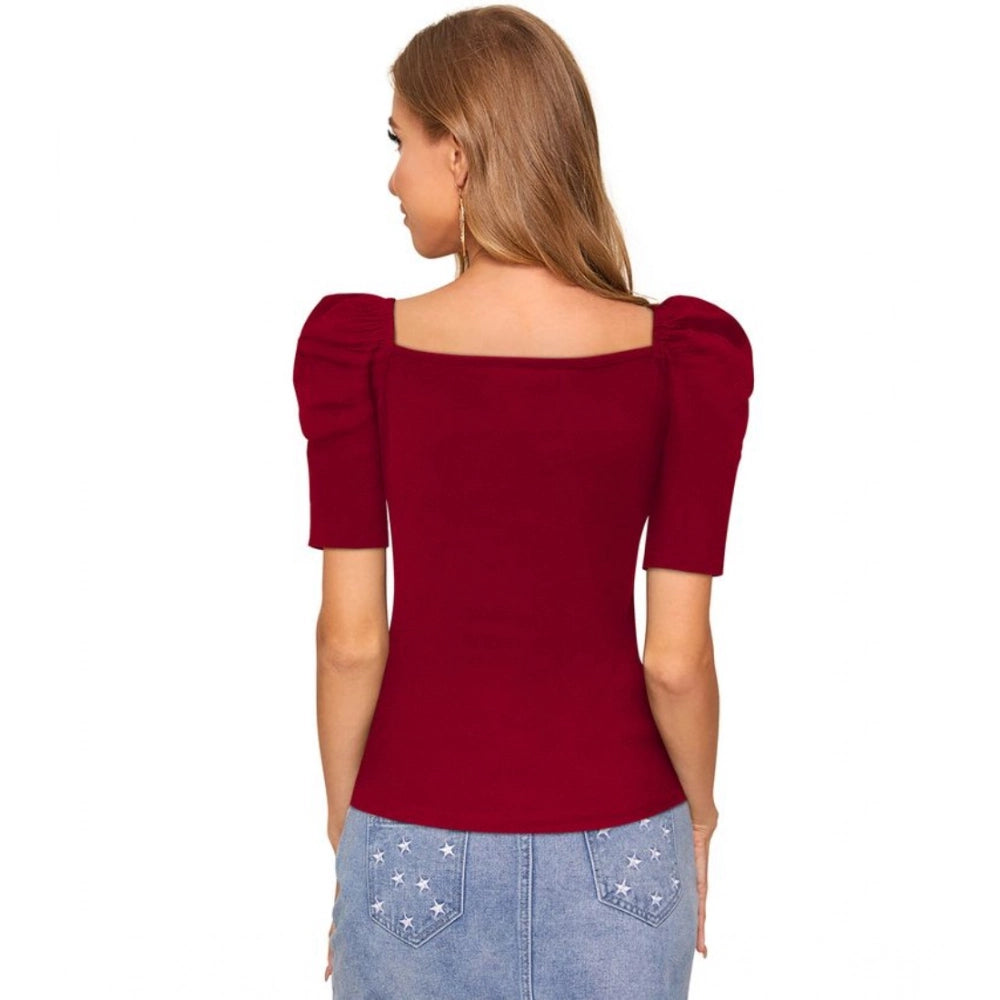 Clothiq Generic Polyester Solid Puff Short Sleeves Sweetheart Neck Top (Maroon)