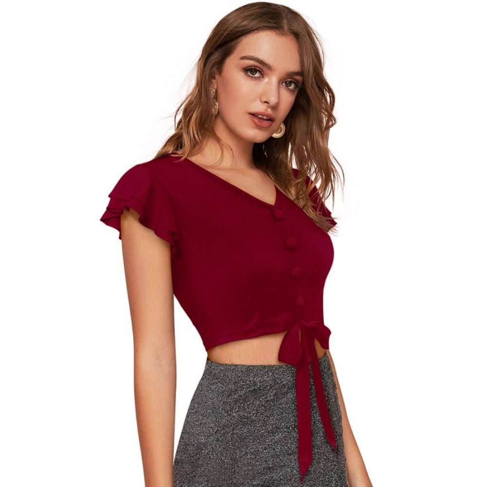 Clothiq Generic Polyester Solid Short Sleeves V Neck Top (Maroon)