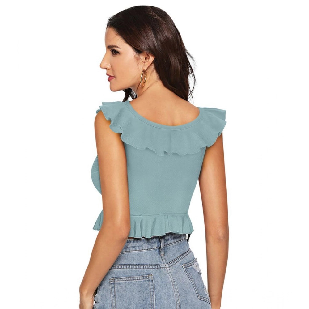 Clothiq Generic Polyester Solid Sleeveless Ruffle Neck Top (Pista)